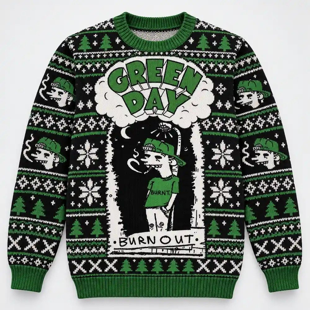 Green Day Merch Burnout Cartoon Christmas Ugly Sweater Punk Rock Music Lover Gift