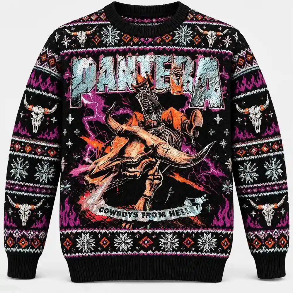 Pantera Merch Cowboys From Hell Skeleton Cowboy Christmas Ugly Sweater Metal Fans Gift