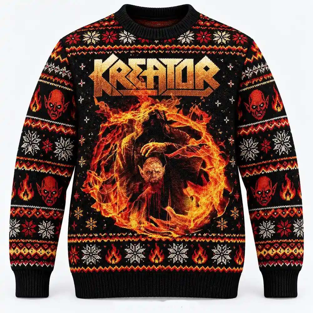 Kreator Merch Fiery Demon Flames Christmas Ugly Sweater Metal Fans Gift