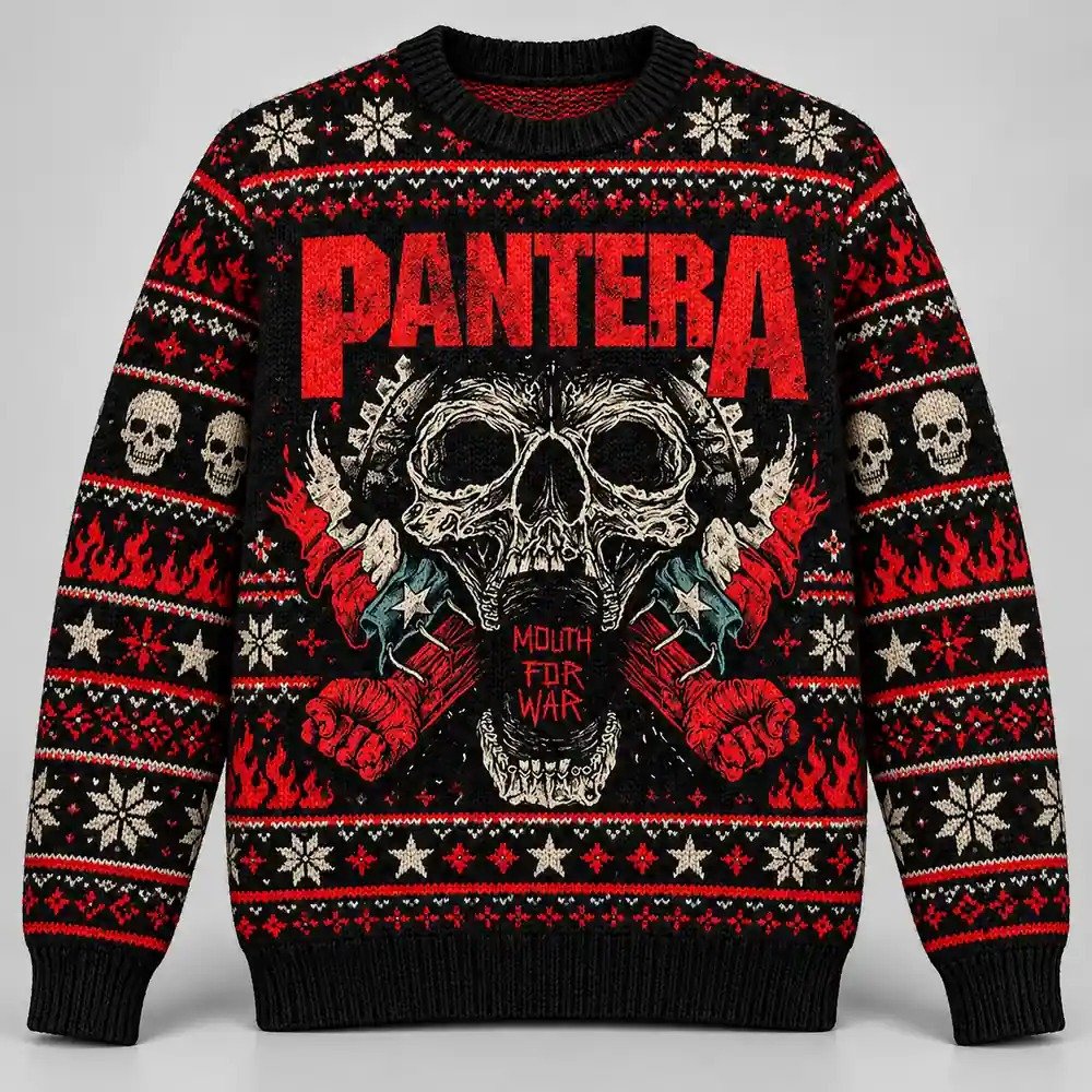 Pantera Merch Mouth For War Skull And Fists Christmas Ugly Sweater Metal Fans Gift