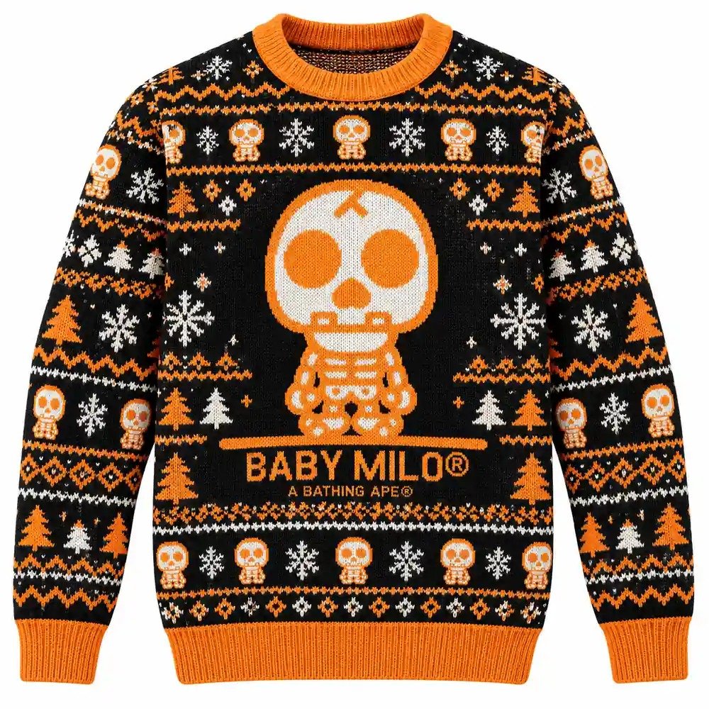 Baby Milo A Bathing Ape Merch Orange Skeleton Christmas Ugly Sweater Streetwear Gift