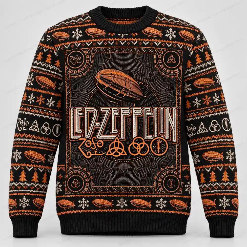 Led Zeppelin Merch Vintage Airship And Four Symbols Christmas Ugly Sweater Rockers Gift
