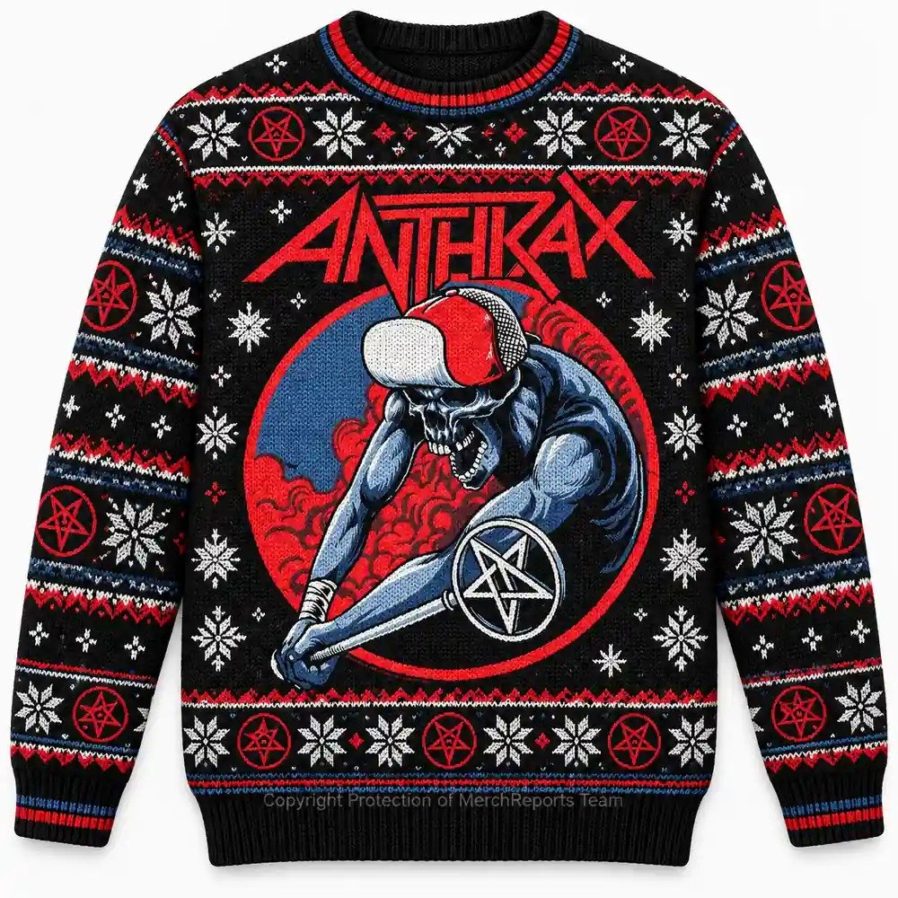 Anthrax Merch Baseball Bat Skeleton Pentagram Christmas Ugly Sweater Metal Fans Gift