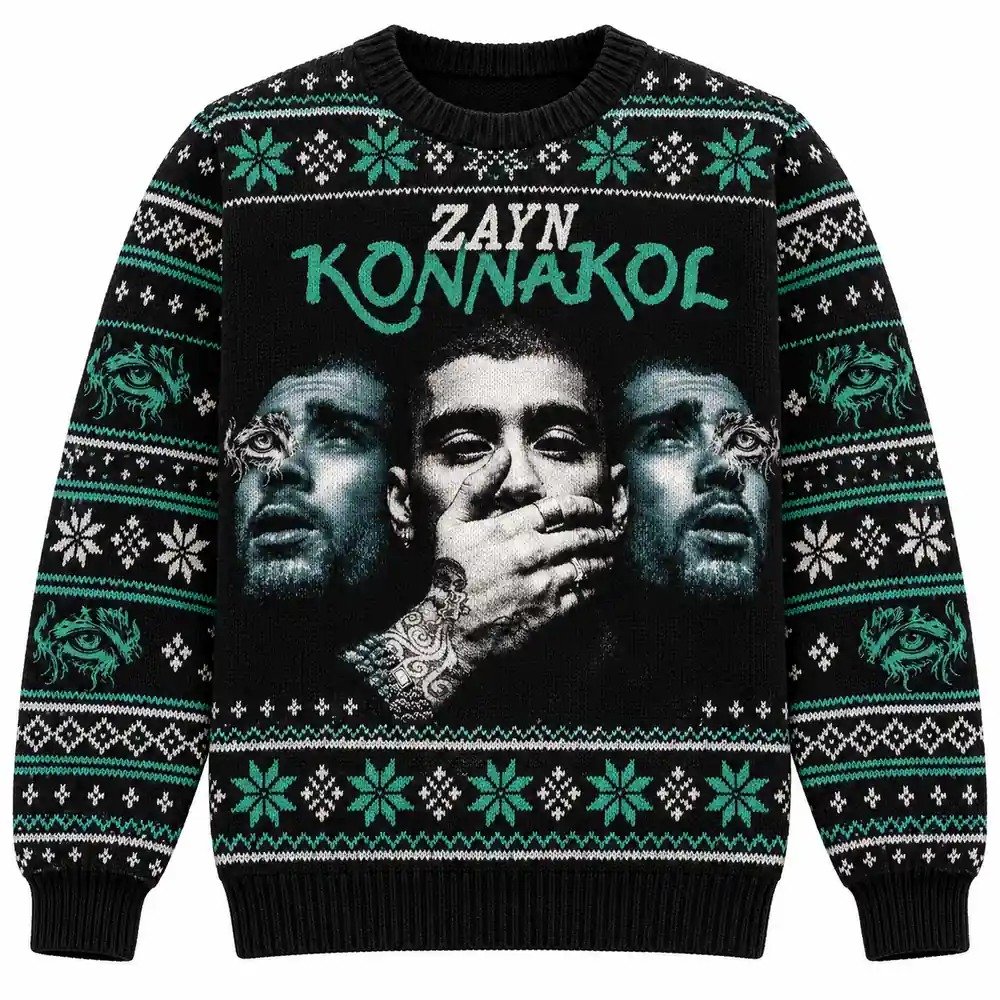 Zayn Merch Konnakol Triple Portrait Black Green Christmas Ugly Sweater Pop Music Lover Gift