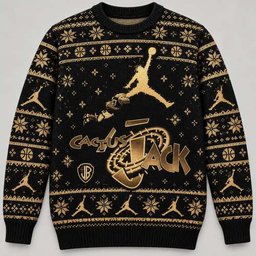 Travis Scott Merch Cactus Jack Basketball Black And Gold Fair Isle Ugly Sweater Hip Hop Gift