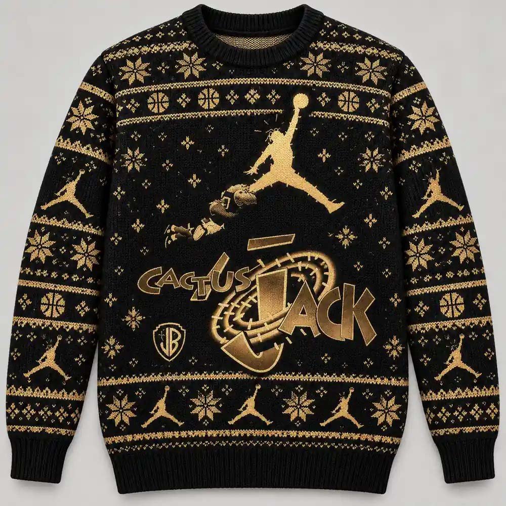 Travis Scott Merch Cactus Jack Basketball Black And Gold Fair Isle Ugly Sweater Hip Hop Gift