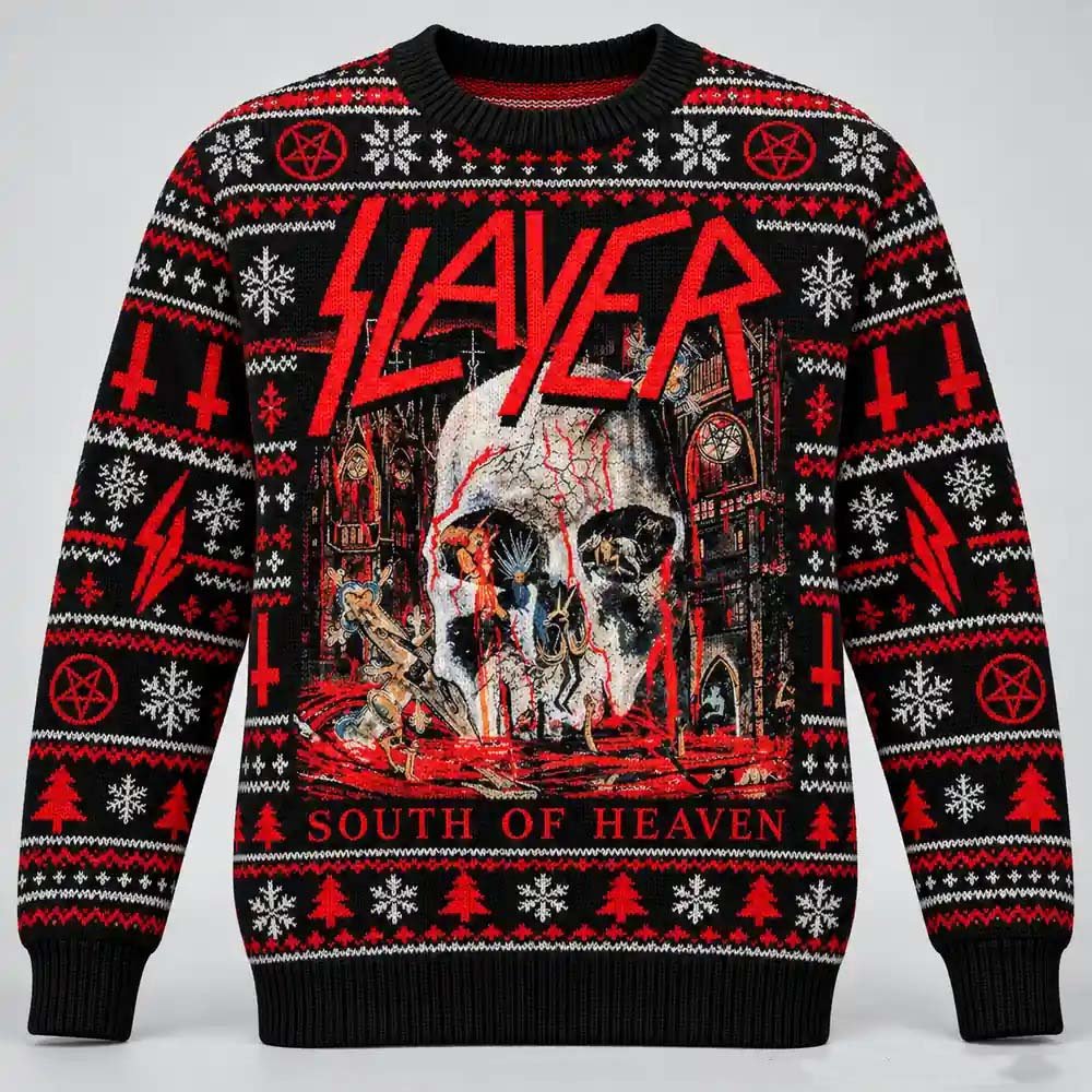 Slayer Merch South Of Heaven Skull Artwork Christmas Ugly Sweater Thrash Metal Fans Gift