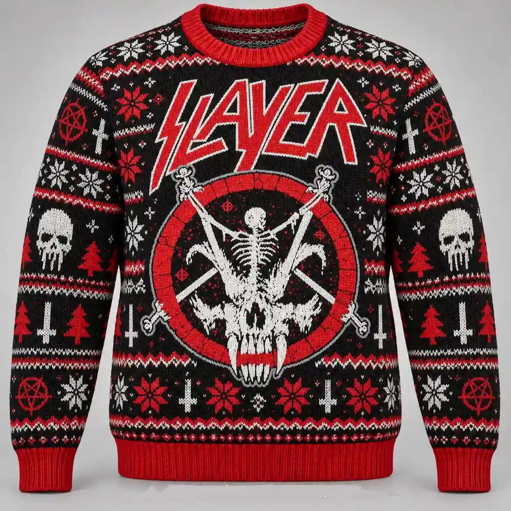 Slayer Merch Skeleton And Skull Red Emblem Christmas Ugly Sweater Metal Fans Gift