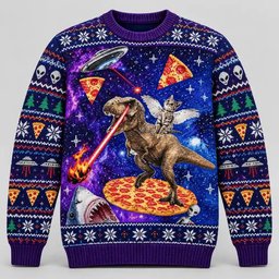 Winged Cat Riding Laser T-Rex Pizza Galaxy Christmas Ugly Sweater Good Gifts For Her
