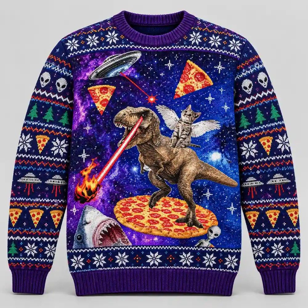 Winged Cat Riding Laser T-Rex Pizza Galaxy Christmas Ugly Sweater Good Gifts For Her
