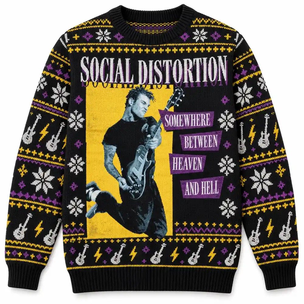 Social Distortion Merch Somewhere Between Heaven And Hell Guitarist Ugly Sweater Rockers Gift