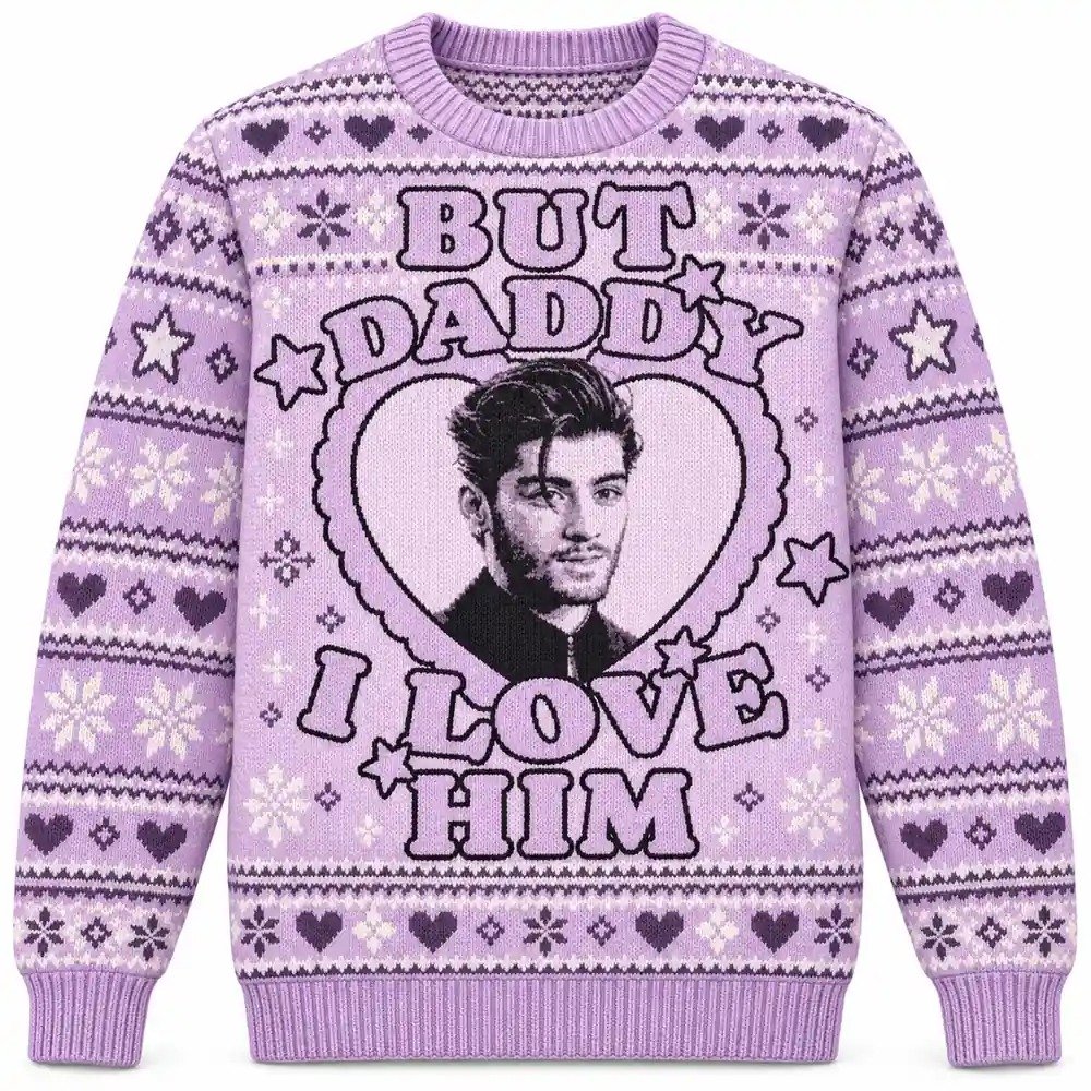 Zayn Merch But Daddy I Love Him Heart Portrait Lavender Christmas Ugly Sweater Pop Music Gift