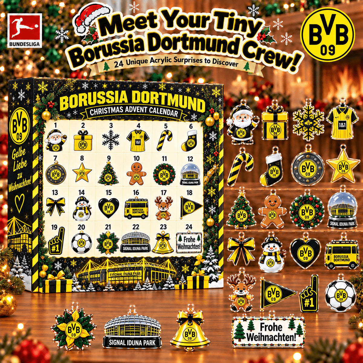 Borussia Dortmund Christmas Advent Calendar, 24 Days Acrylic Ornaments Countdown