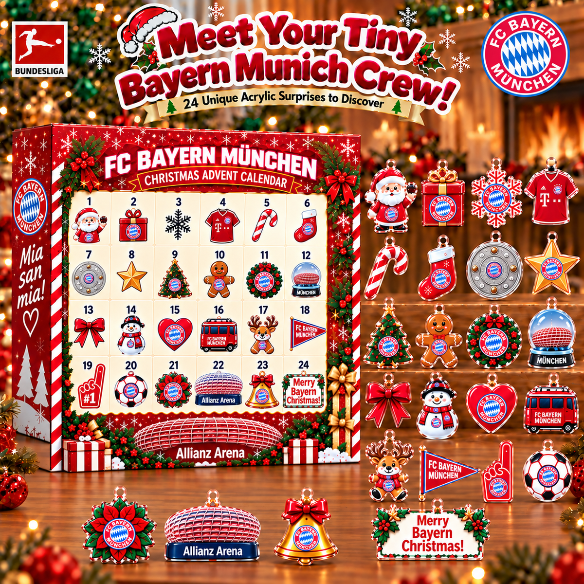 Bayern Munich Christmas Advent Calendar, 24 Days Acrylic Ornaments Countdown
