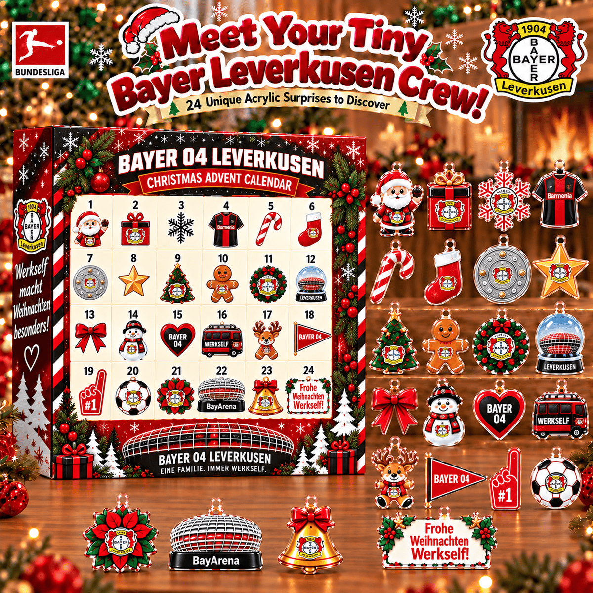 Bayer Leverkusen Christmas Advent Calendar, 24 Days Acrylic Ornaments Countdown