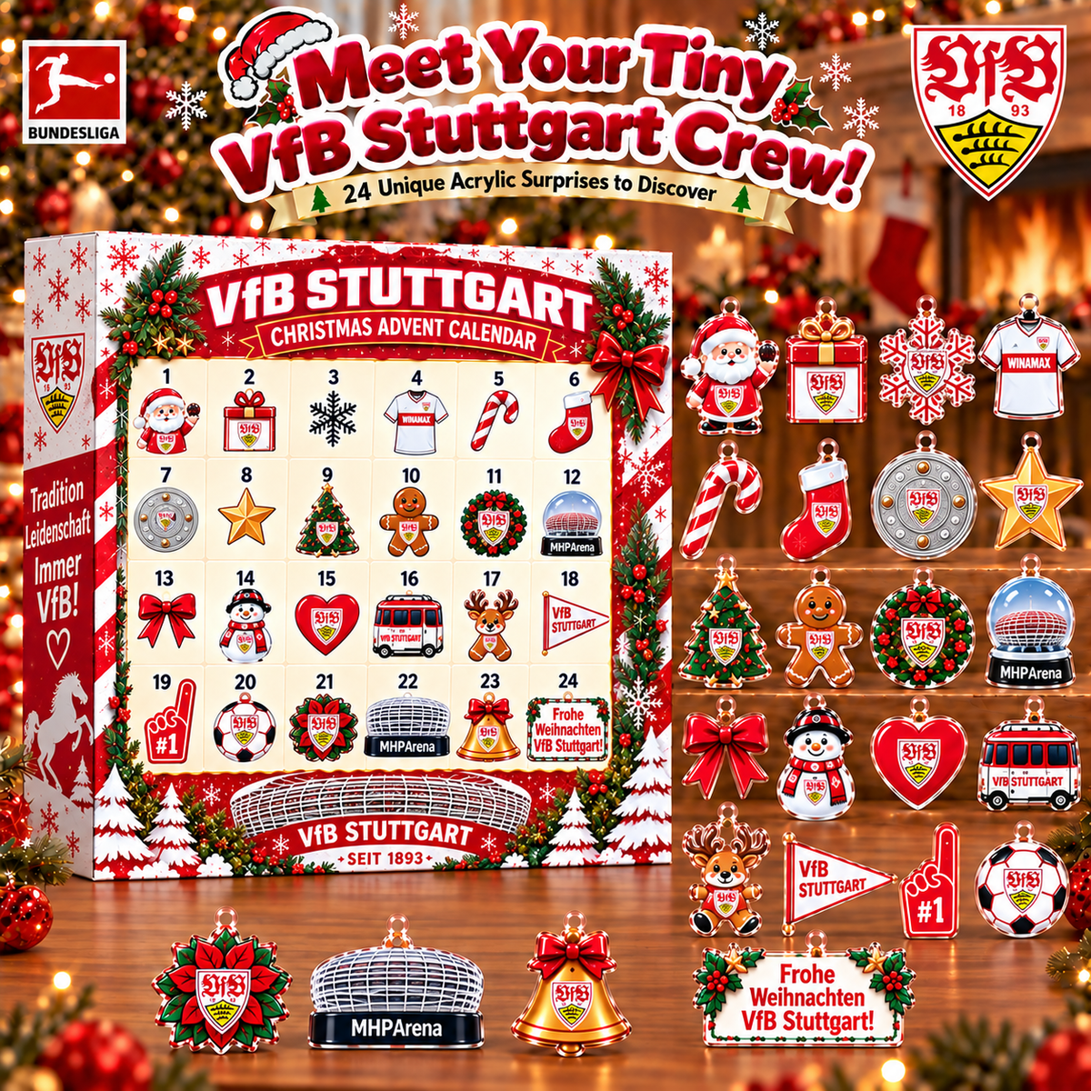 VfB Stuttgart Christmas Advent Calendar, 24 Days Acrylic Ornaments Countdown