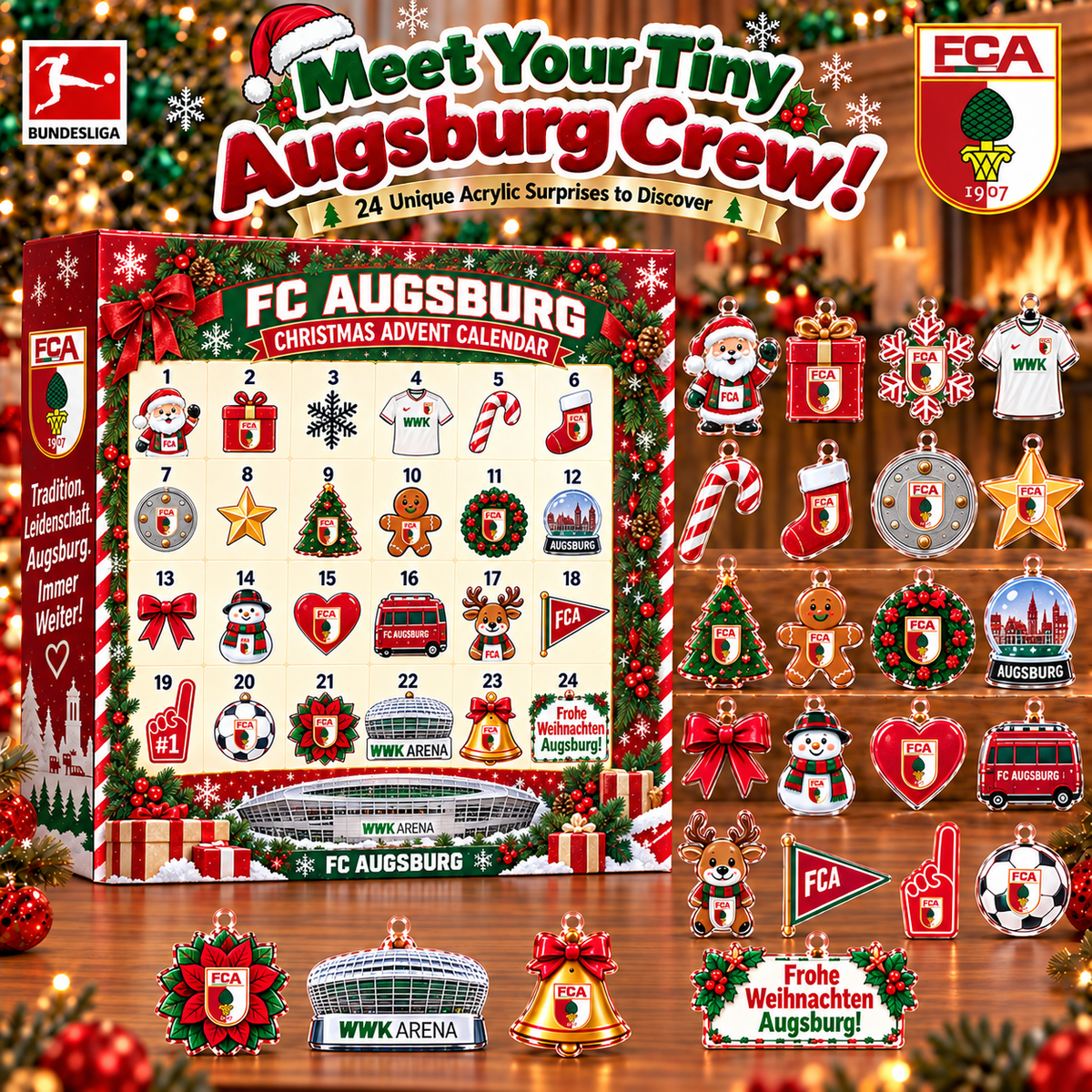 FC Augsburg Christmas Advent Calendar, 24 Days Acrylic Ornaments Countdown