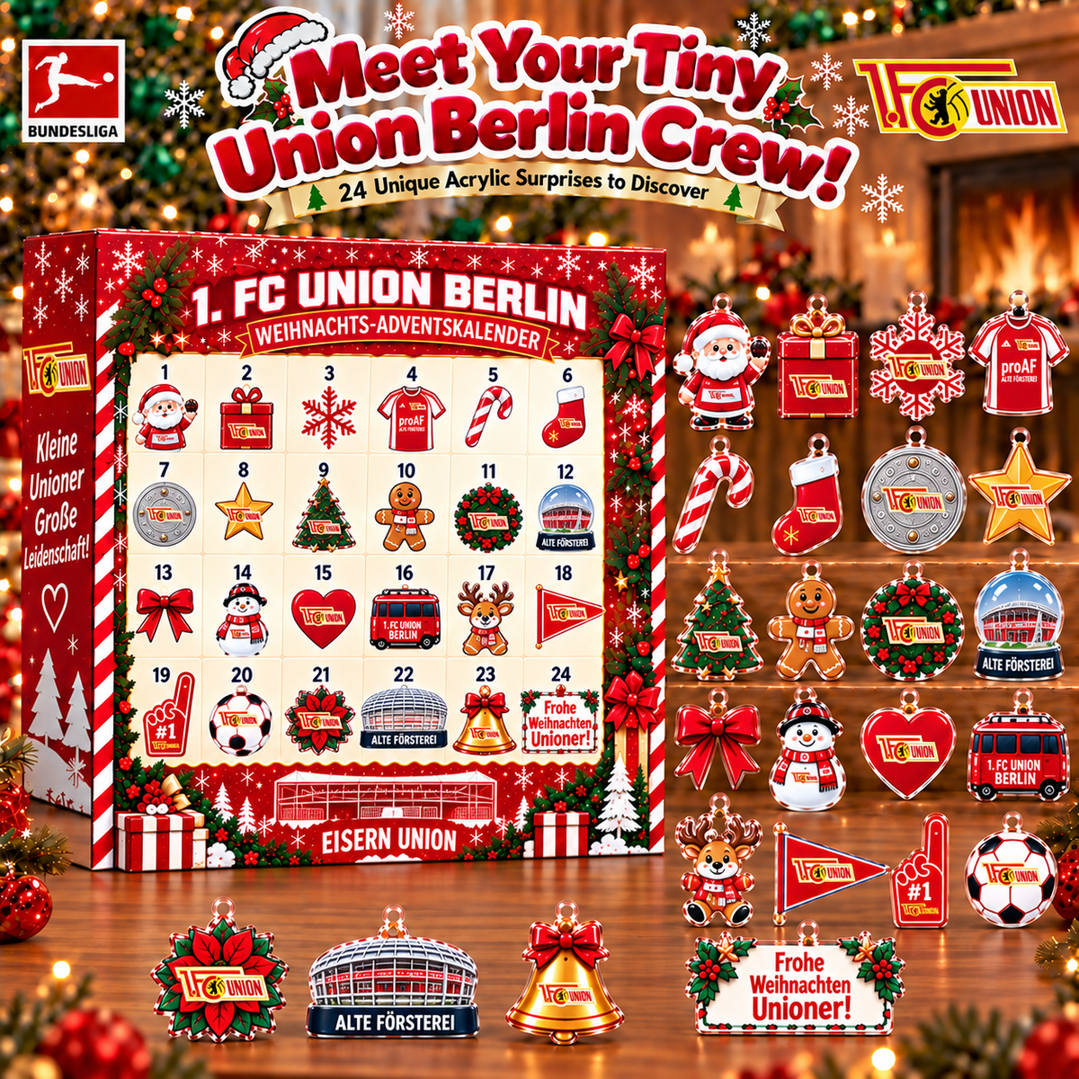 Union Berlin Christmas Advent Calendar, 24 Days Acrylic Ornaments Countdown
