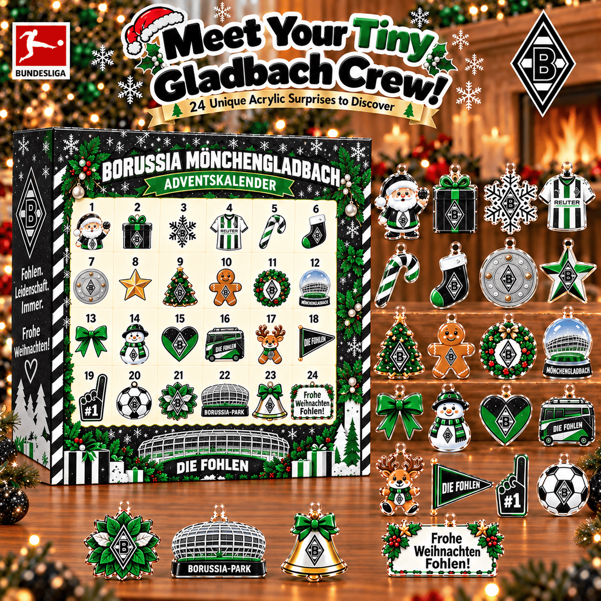 Borussia Mönchengladbach Christmas Advent Calendar, 24 Days Acrylic Ornaments Countdown