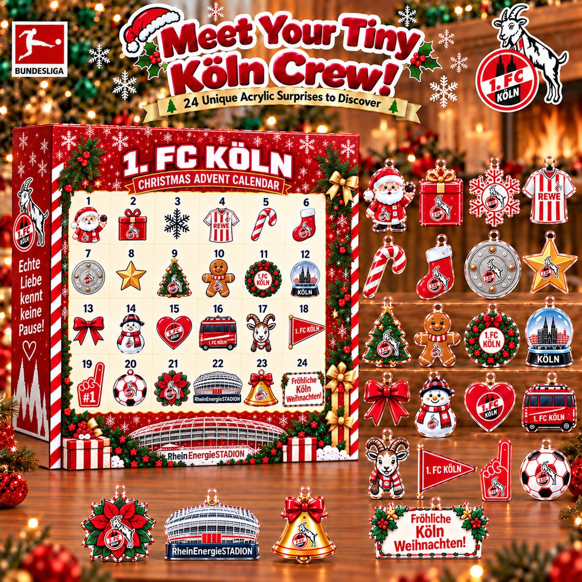 1. FC Köln Christmas Advent Calendar, 24 Days Acrylic Ornaments Countdown