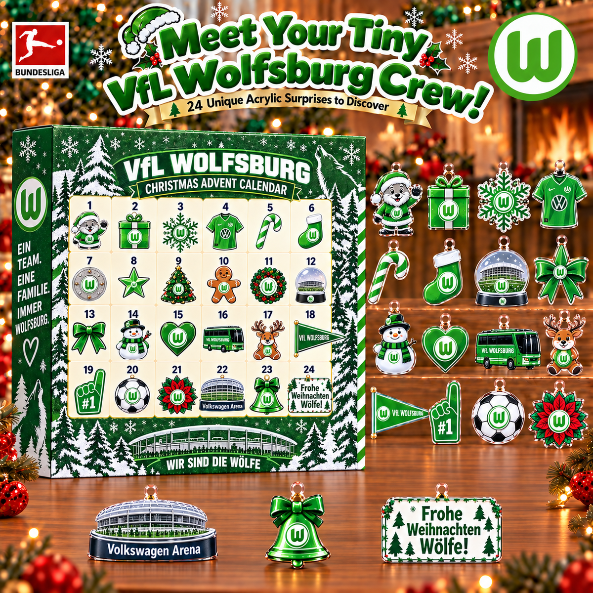 VfL Wolfsburg Christmas Advent Calendar, 24 Days Acrylic Ornaments Countdown