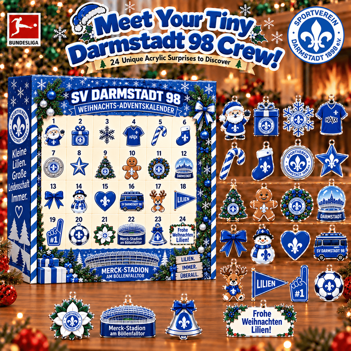 SV Darmstadt 98 Christmas Advent Calendar, 24 Days Acrylic Ornaments Countdown