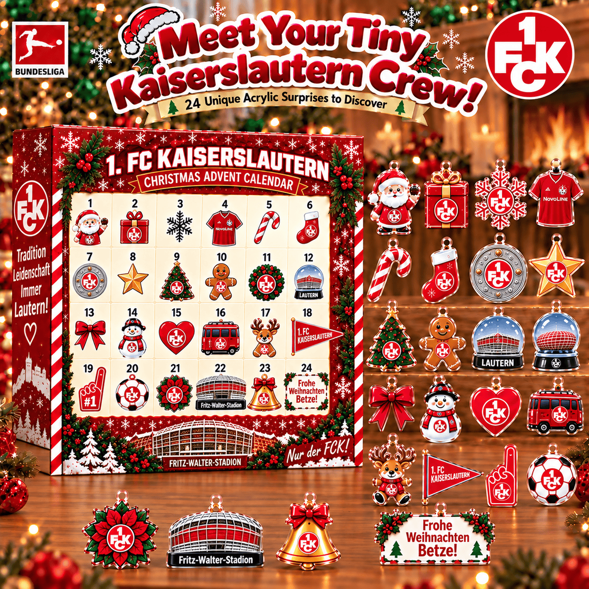 FC Kaiserslautern Christmas Advent Calendar, 24 Days Acrylic Ornaments Countdown