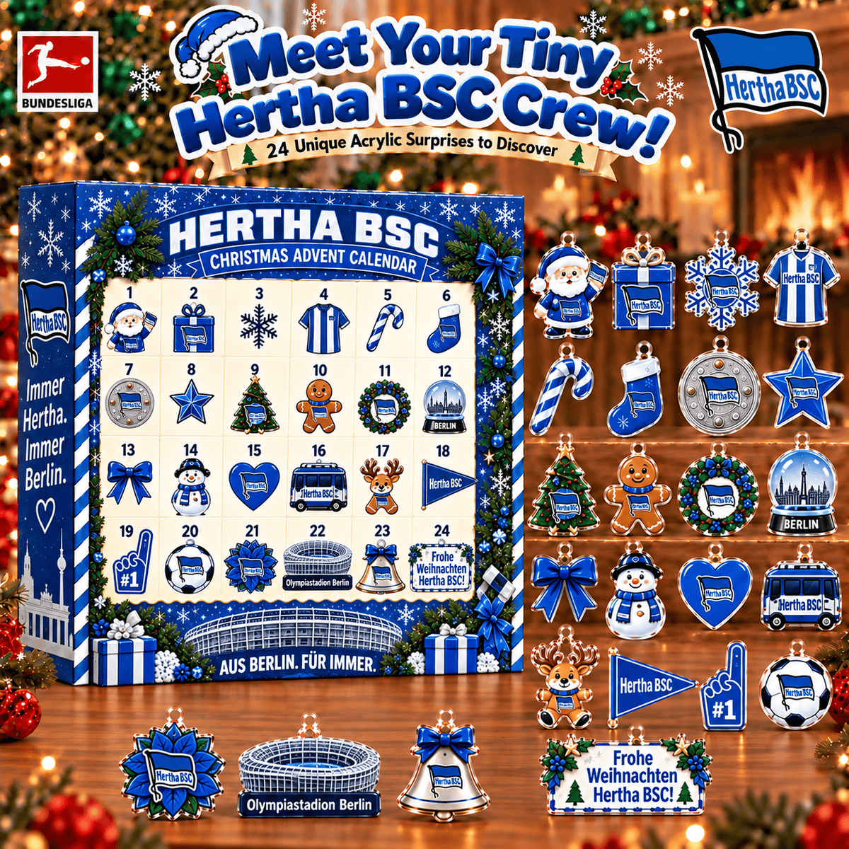 Hertha BSC Christmas Advent Calendar, 24 Days Acrylic Ornaments Countdown