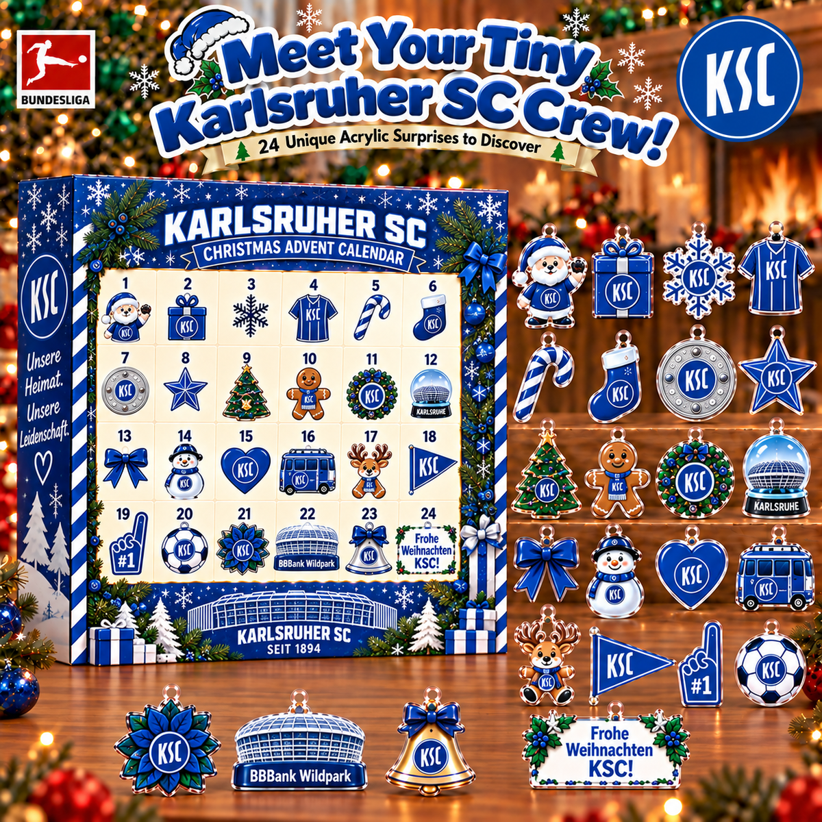 Karlsruher SC Christmas Advent Calendar, 24 Days Acrylic Ornaments Countdown