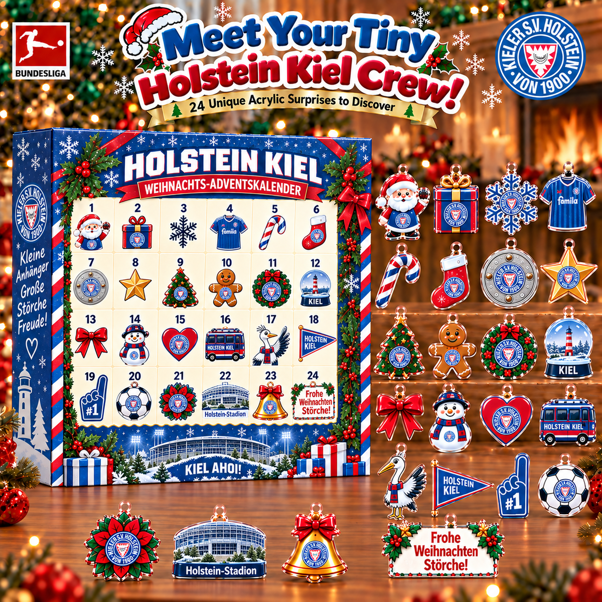 Holstein Kiel Christmas Advent Calendar, 24 Days Acrylic Ornaments Countdown