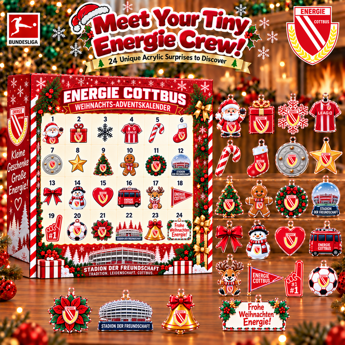 Energie Cottbus Christmas Advent Calendar, 24 Days Acrylic Ornaments Countdown