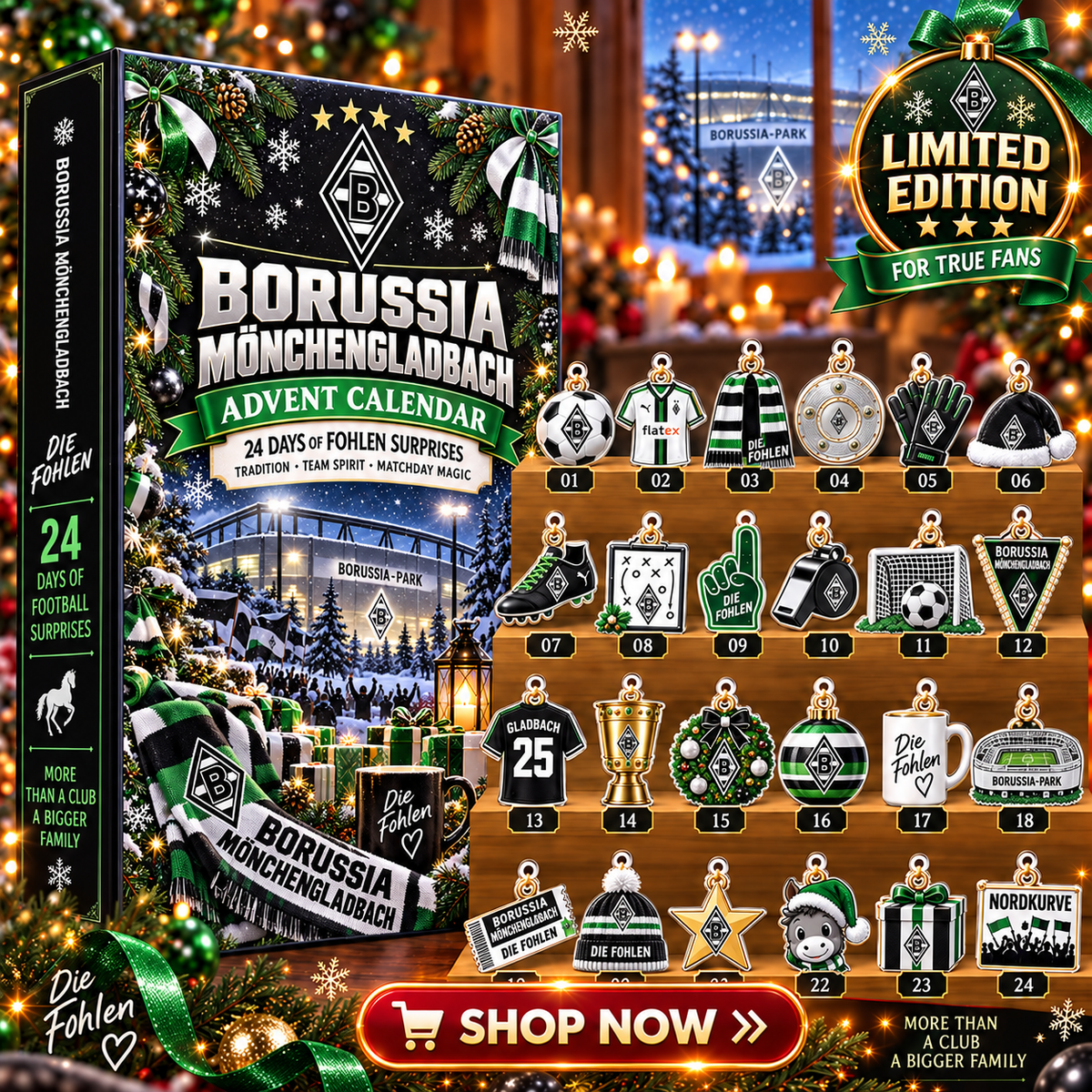 Borussia Mönchengladbach Advent Calendar – 24 Days of Football Surprises | Holiday Ornament Set