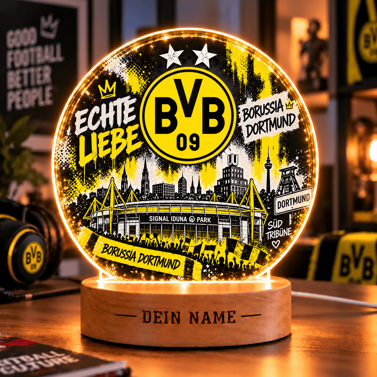 Borussia Dortmund Personalized LED Night Light – Street Art Acrylic Lamp with Wooden Base