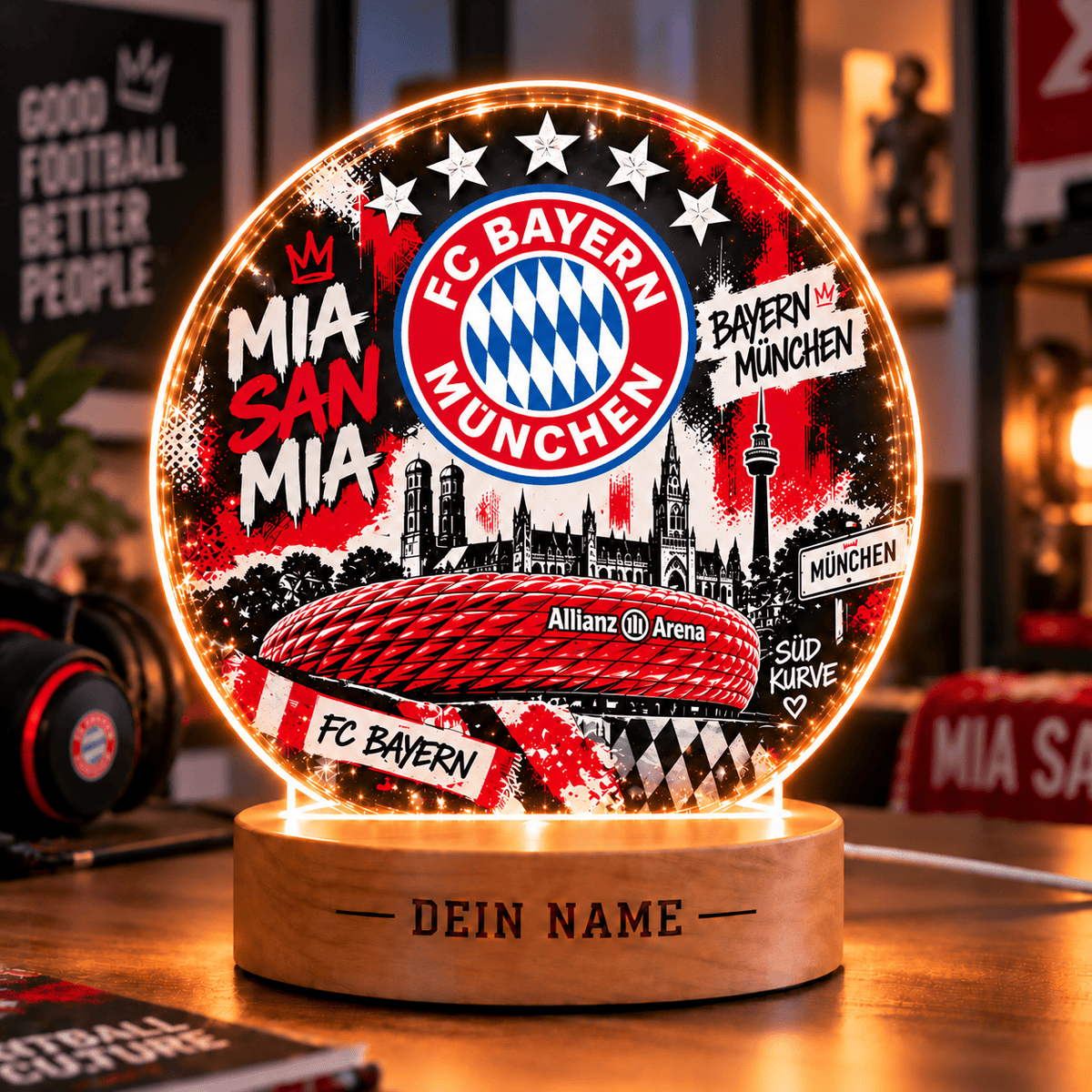 Bayern Munich Personalized LED Night Light – Street Art Acrylic Lamp with Wooden Base