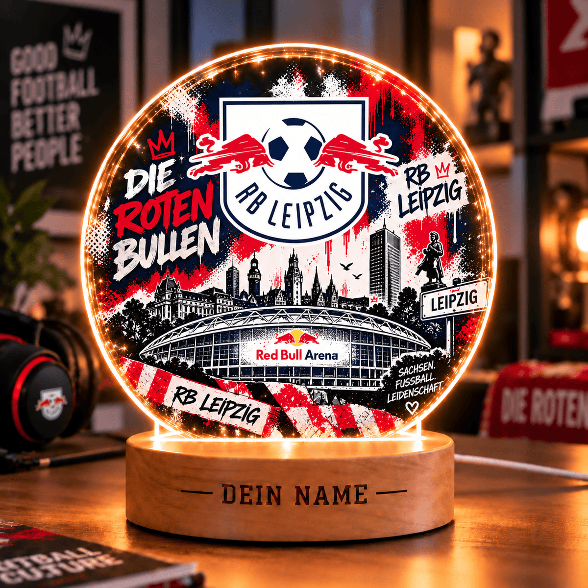 RB Leipzig Personalized LED Night Light – Street Art Acrylic Lamp with Wooden Base