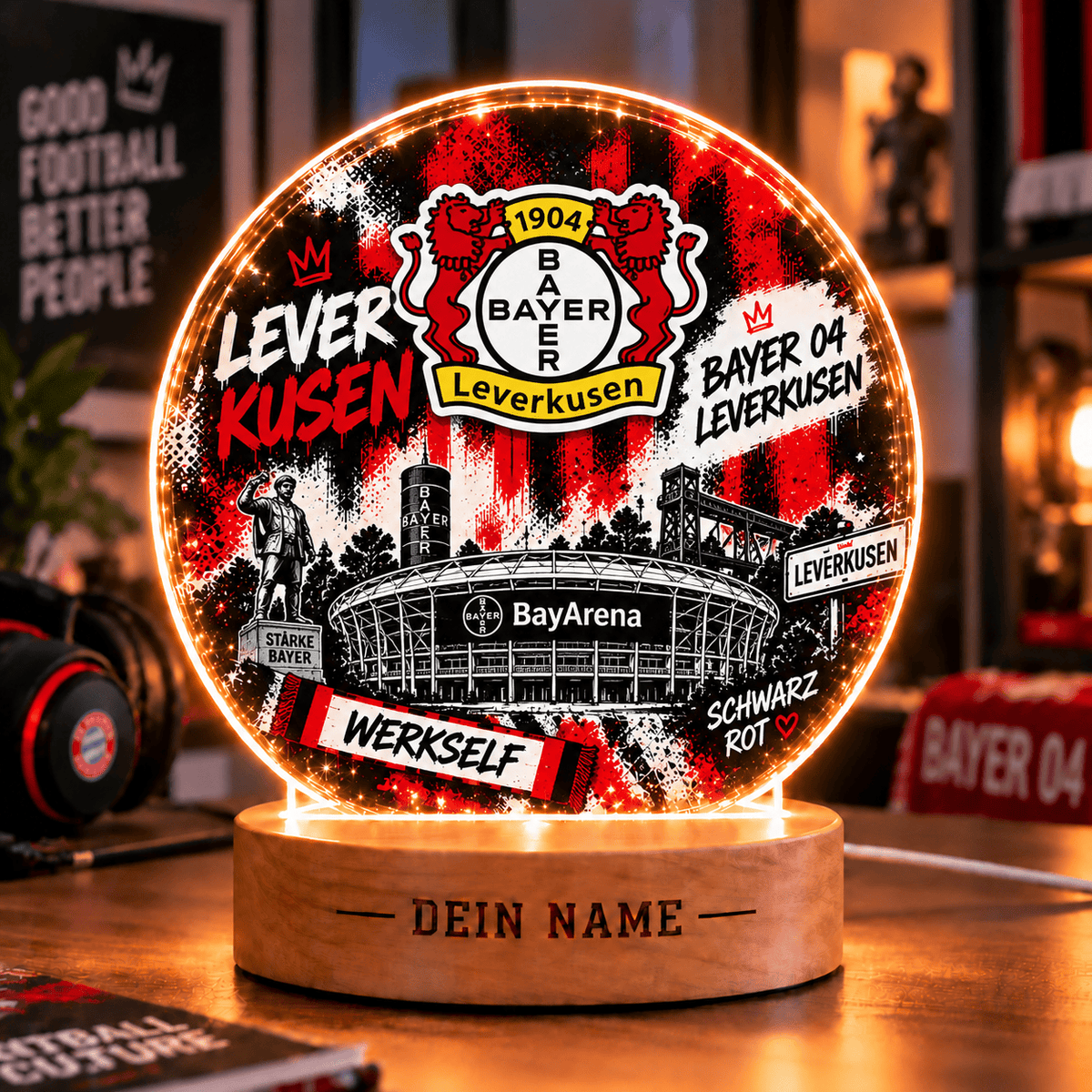 Bayer Leverkusen Personalized LED Night Light – Street Art Acrylic Lamp with Wooden Base