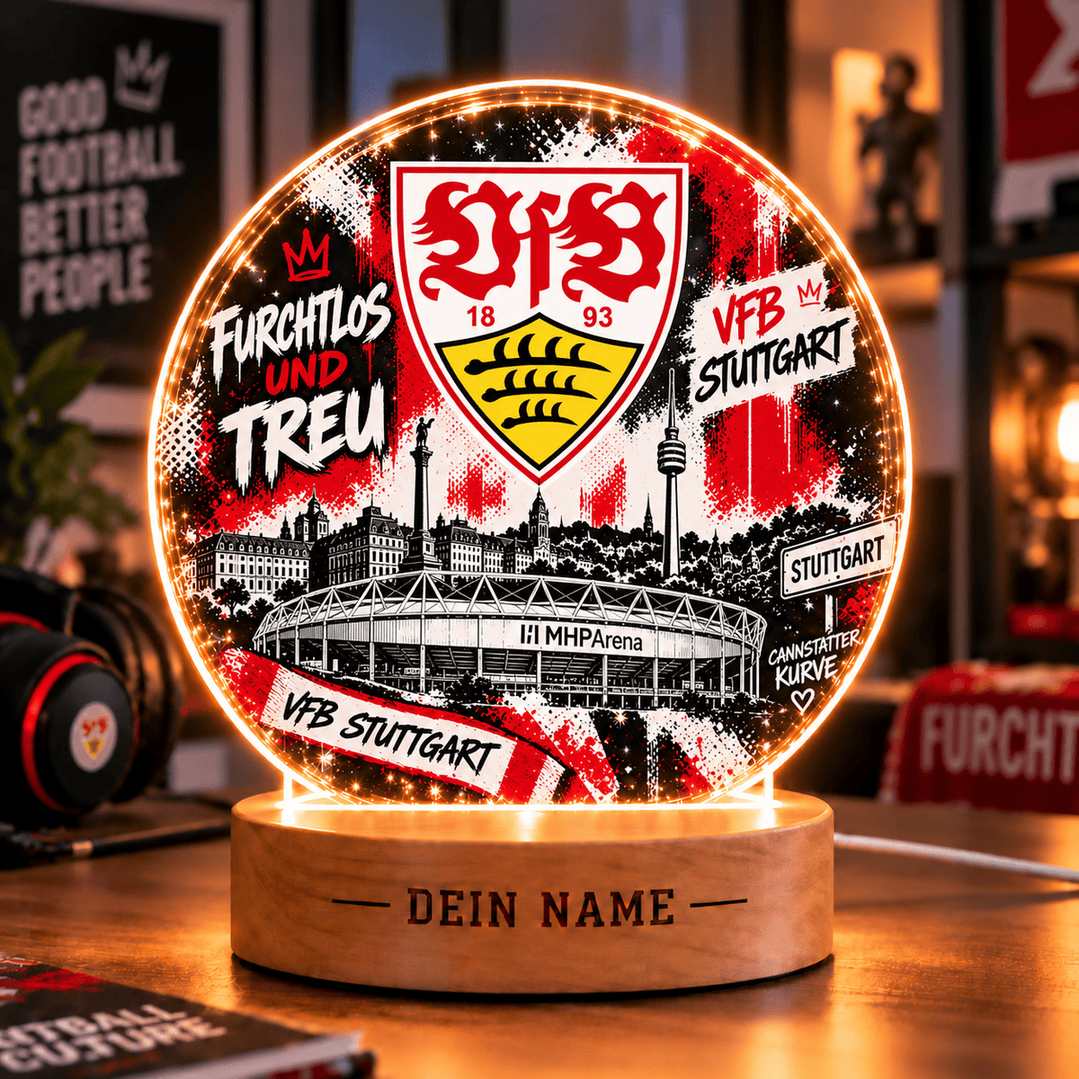 VfB Stuttgart Personalized LED Night Light – Street Art Acrylic Lamp with Wooden Base