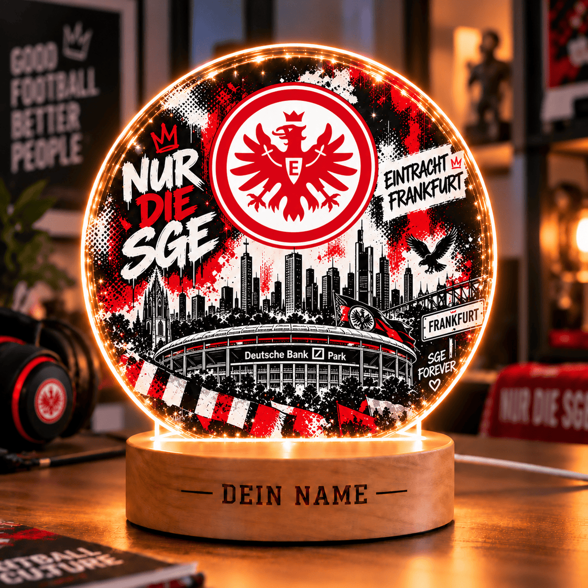 Eintracht Frankfurt Personalized LED Night Light – Street Art Acrylic Lamp with Wooden Base