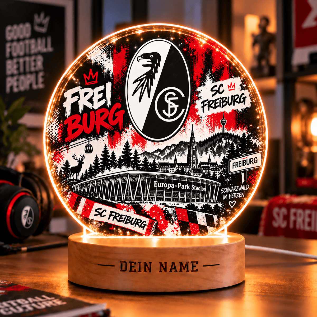 SC Freiburg Personalized LED Night Light – Street Art Acrylic Lamp with Wooden Base