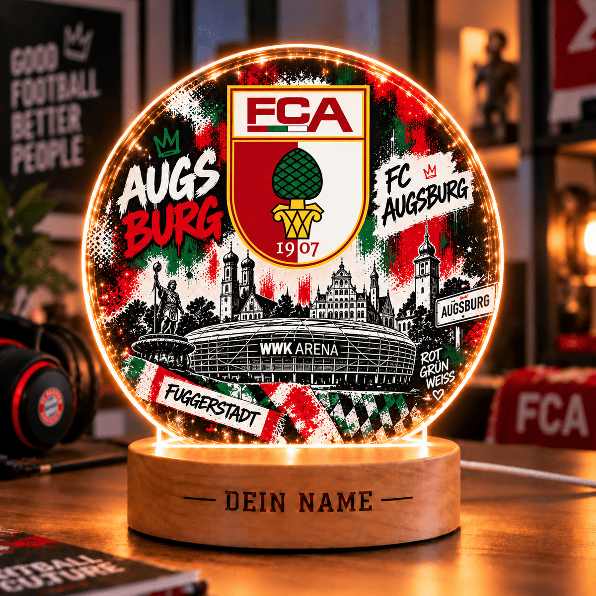 FC Augsburg Personalized LED Night Light – Street Art Acrylic Lamp with Wooden Base