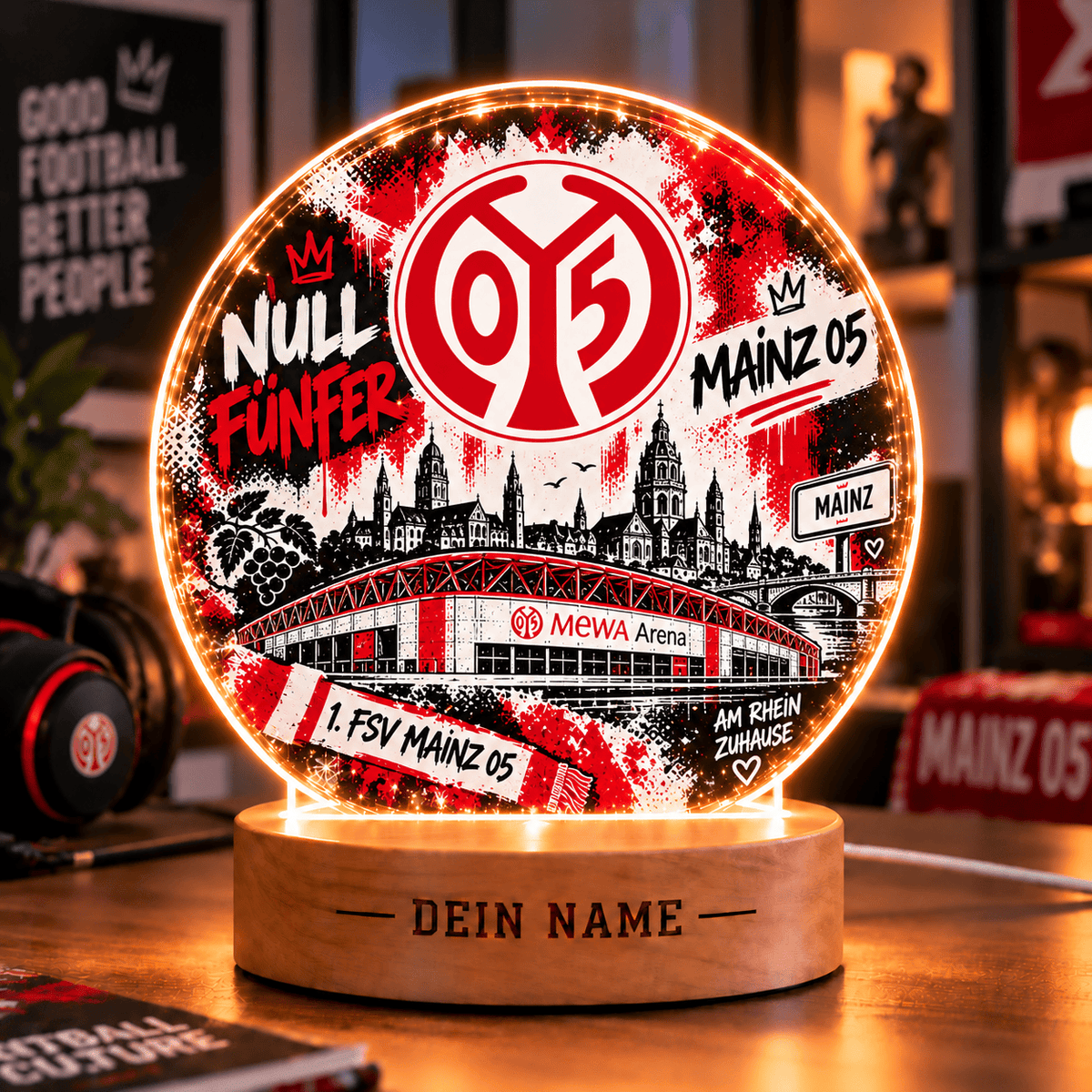 Mainz 05 Personalized LED Night Light – Street Art Acrylic Lamp with Wooden Base