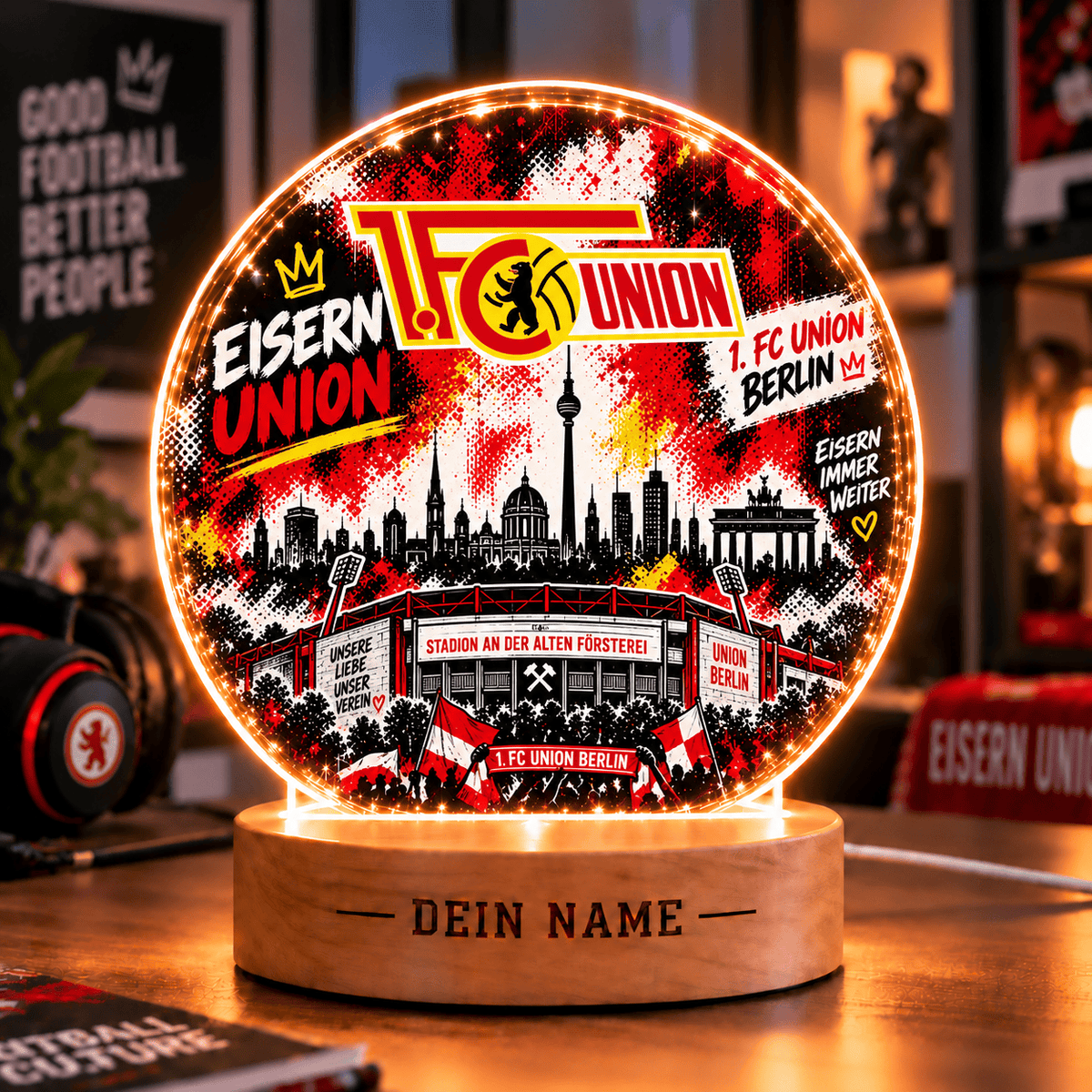 Union Berlin Personalized LED Night Light – Street Art Acrylic Lamp with Wooden Base