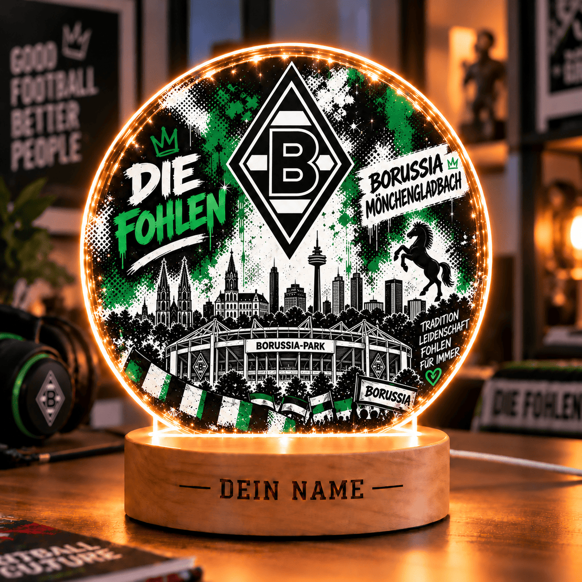 Borussia Mönchengladbach Personalized LED Night Light – Street Art Acrylic Lamp with Wooden Base