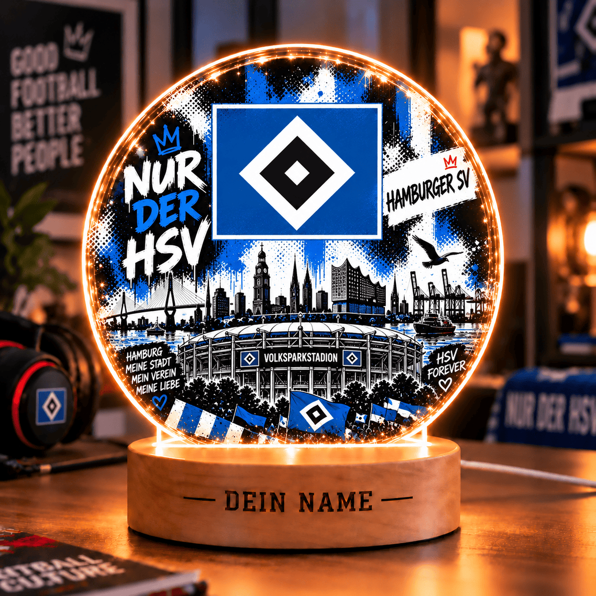 Hamburger SV Personalized LED Night Light – Street Art Acrylic Lamp with Wooden Base