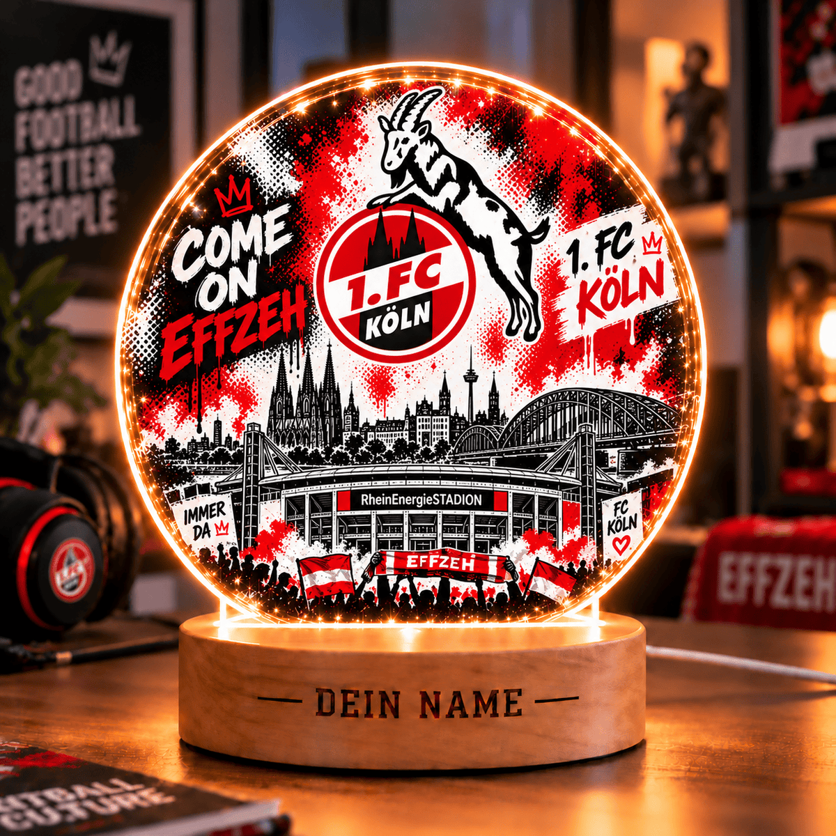 1. FC Köln Personalized LED Night Light – Street Art Acrylic Lamp with Wooden Base