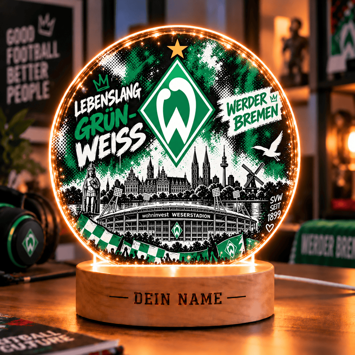 Werder Bremen Personalized LED Night Light – Street Art Acrylic Lamp with Wooden Base