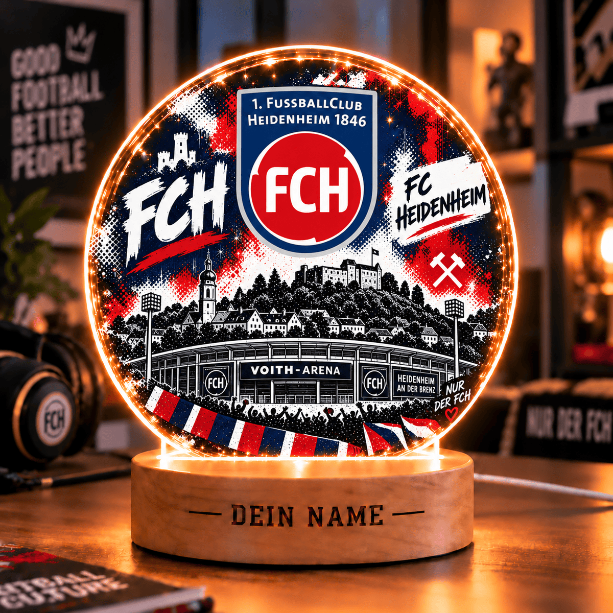 FC Heidenheim Personalized LED Night Light – Street Art Acrylic Lamp with Wooden Base