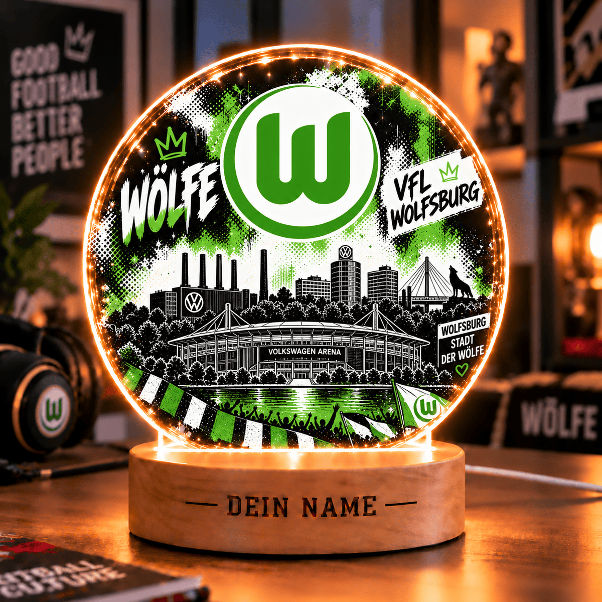 VfL Wolfsburg Personalized LED Night Light – Street Art Acrylic Lamp with Wooden Base