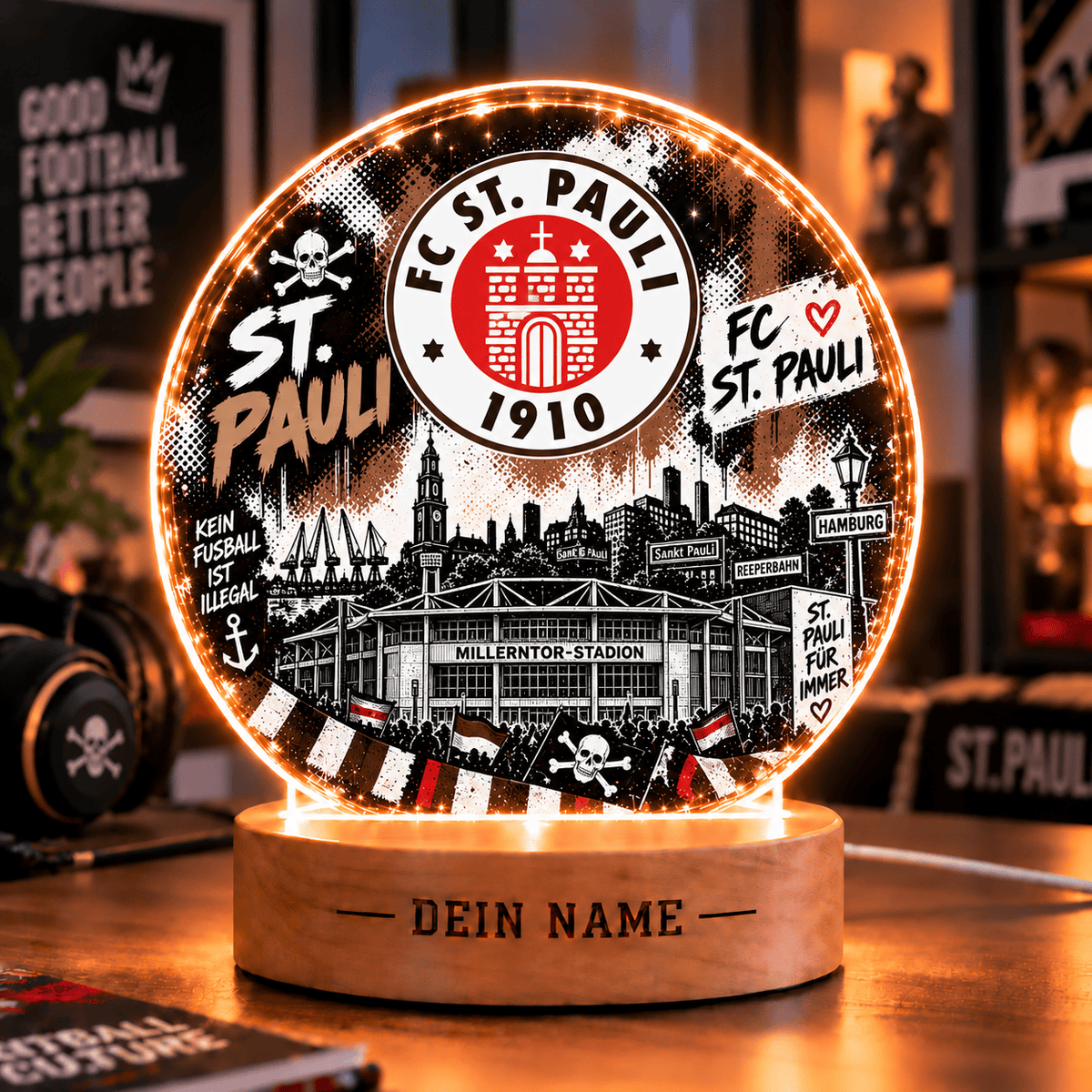 FC St. Pauli Personalized LED Night Light – Street Art Acrylic Lamp with Wooden Base
