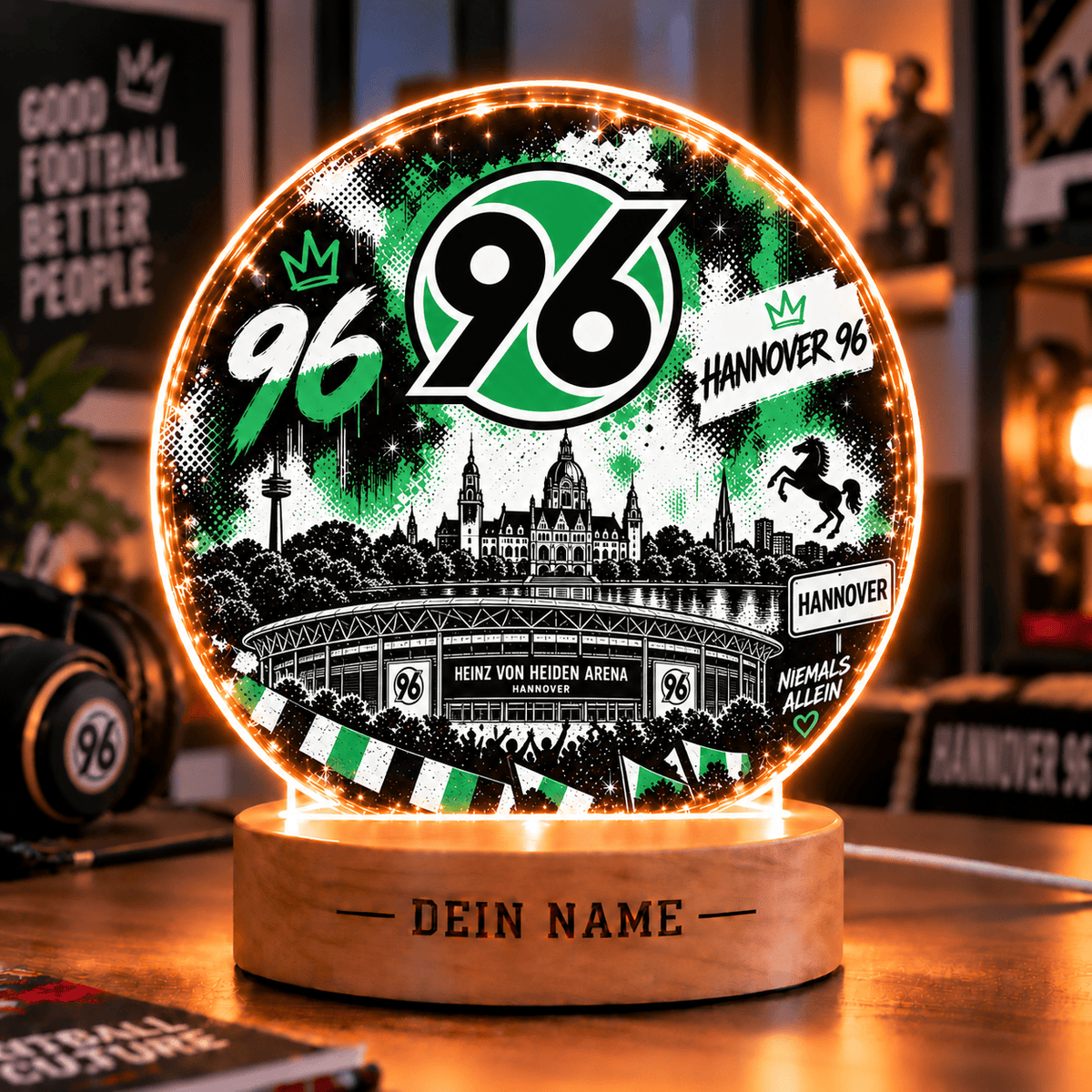 Hannover 96 Personalized LED Night Light – Street Art Acrylic Lamp with Wooden Base